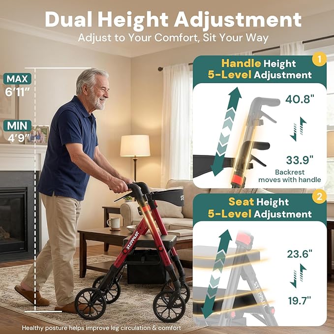 Bariatric Rollator Walker with Seat for Seniors, 500lb Capacity Aluminum Frame, Zero Wobble, 16lb Lightweight, 8" All Terrain Wheels, 10-Level Adjustable Handle/Seat, Cup Holder, Cane Clip