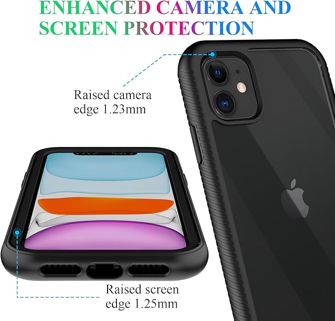 wahhle Compatible with iPhone 11 Case, Built in Screen Protector Full Body Shockproof Slim Fit Bumper Protective Phone Cover 6.1'' Men Women-Black/Clear