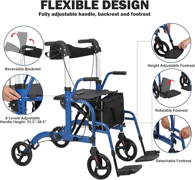 Walker for Seniors,Folding Walker and Transport Wheelchair Combo for Seniors - Lightweight Aluminum All-Terrain Rollator with Seat, Backrest, Hand Brakes & Footrests