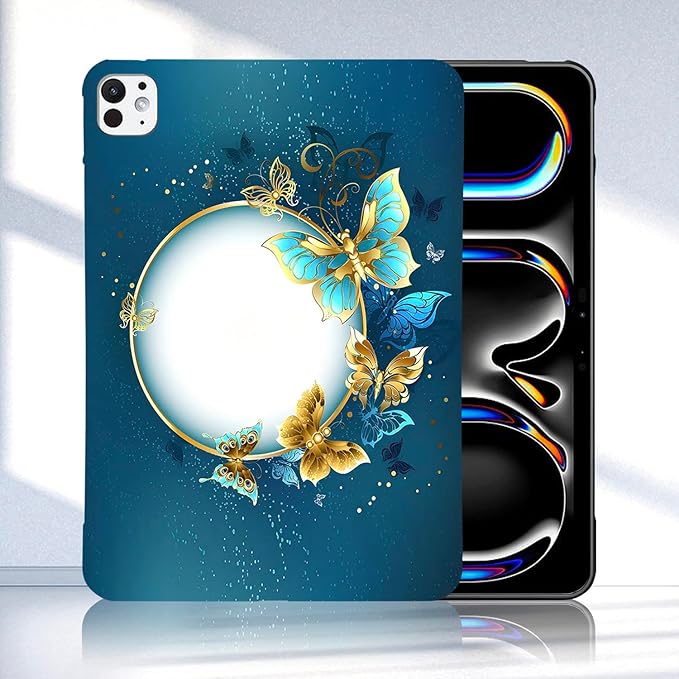 Dteck for iPad Pro 13 Inch (M4/M5) Ultra Thin Case 2024/2025 Release, Cute Cartoon Lightweight Soft Silicone TPU Slim Tablet Cover, Protective Shockproof Scratch Resistant Shell, Gold Blue Butterfly