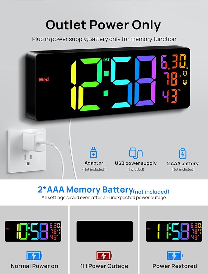 MASHI 17.3" Large Digital Wall Mount Clock, Digital Clock with Remote Control, Alarm, Big LED, RGB Color, DST, Temperature for Living Room Classroom Desk, Bedroom, Decor, Gift for Elderly (RGB)