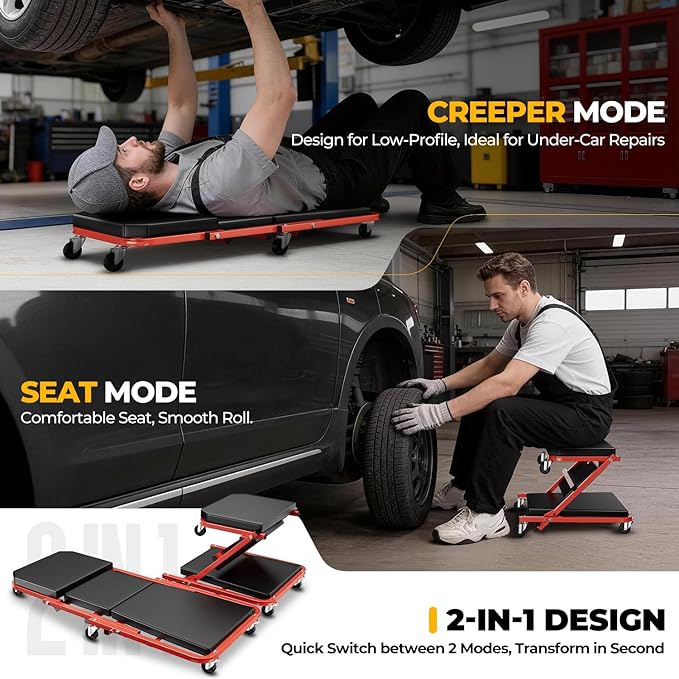 Auto Dynasty 36" Z-Creeper Seat, 2-in-1 Foldable Garage Creeper Shop Seat, 330 LBS Capacity Automotive Mechanic Repair Under Car Rolling Creeper Seat, Red