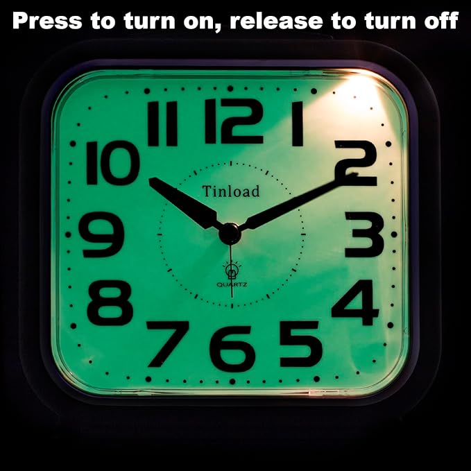 Tinload 5.5" Large Analog Alarm Clock Silent Non Ticking, Glow in Dark dial, Gentle Wake, Beep Sounds, Increasing Volume, Battery Operated Snooze and Manual Light, Easy Set (Best for Elder)