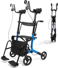 Upright Walkers for Seniors 450 lbs Capacity, 22 lbs Foldable Lightweight Walkers for Seniors with Seat, Armrest and Pedal, Height Adjustable Rollator Walker with Seat for Travel & Gift (Blue)