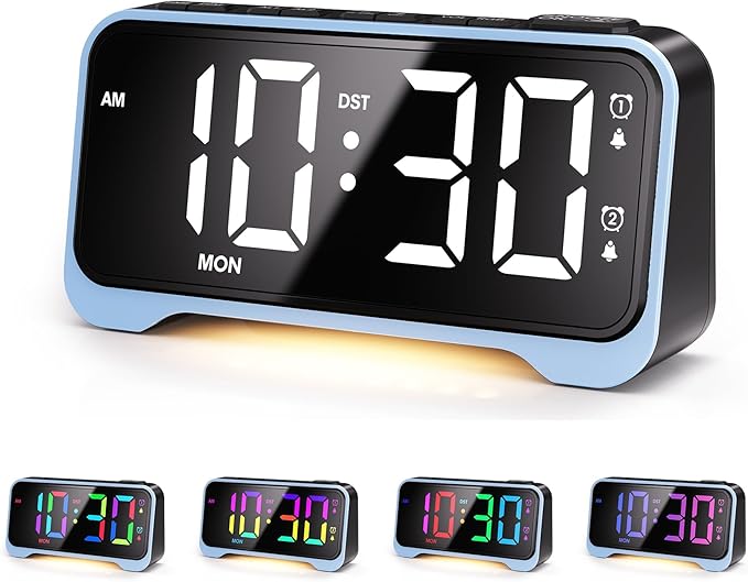 Digital Alarm Clock with RGB Display for Kids & Teens, Dual Alarms, Adjustable Volume, Night Light, USB Charging, Snooze, Battery Backup, for Bedroom, Nursery, Dorm, School