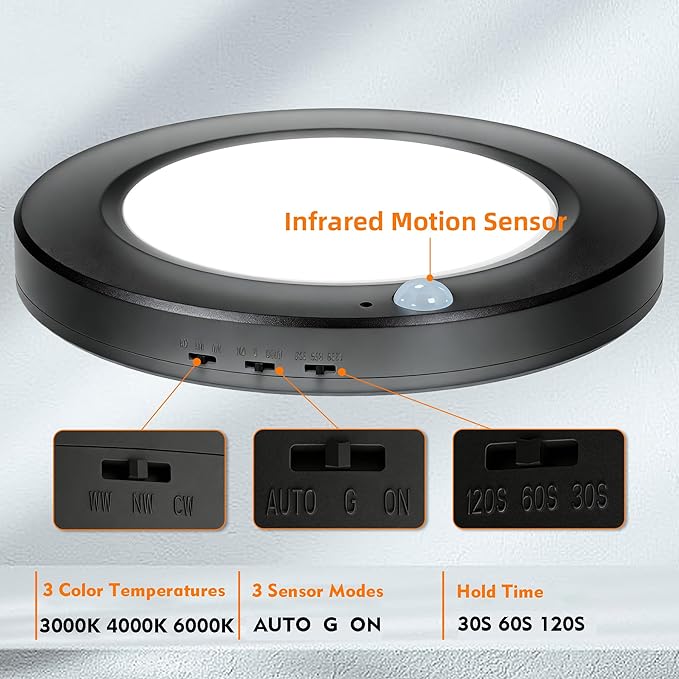 2 Pack 7.5 inch Motion Sensor Ceiling Lights Wired, 15W 1500lm 3CCT/3 Mode/30-120s Timer, Black Small LED Flush Mount Light Fixture Motion Activated for Closet, Pantry, Hallways, Stairwells, Garage