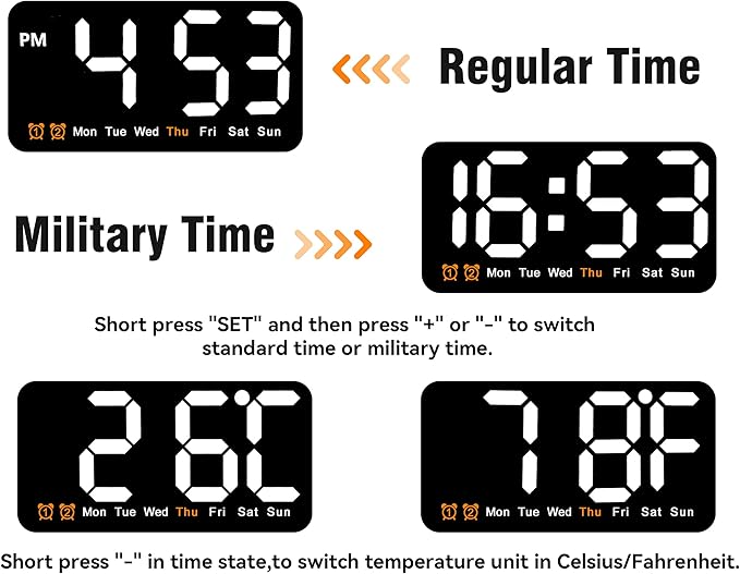 9.5 Inch Large Digital Wall Clock with LED Display, Auto DST, Dual Alarm with Snooze, Adjustable Brightness, Temperature & Date Display, Wall Mount or Desk Clock for Bedroom, Living Room, Office-White