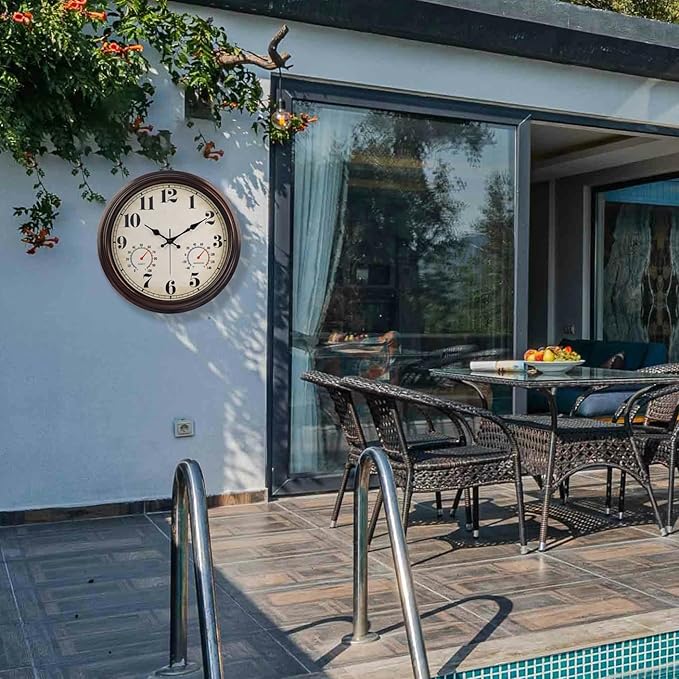 JENLYSTIME 16 Inch Dark Brown Vintage Wall Clock with Thermometer & Hygrometer - Waterproof Decorative Indoor/Outdoor Clock with Large Numerals & Silent Sweep Movement - Ideal for Porch, Garden, Pool