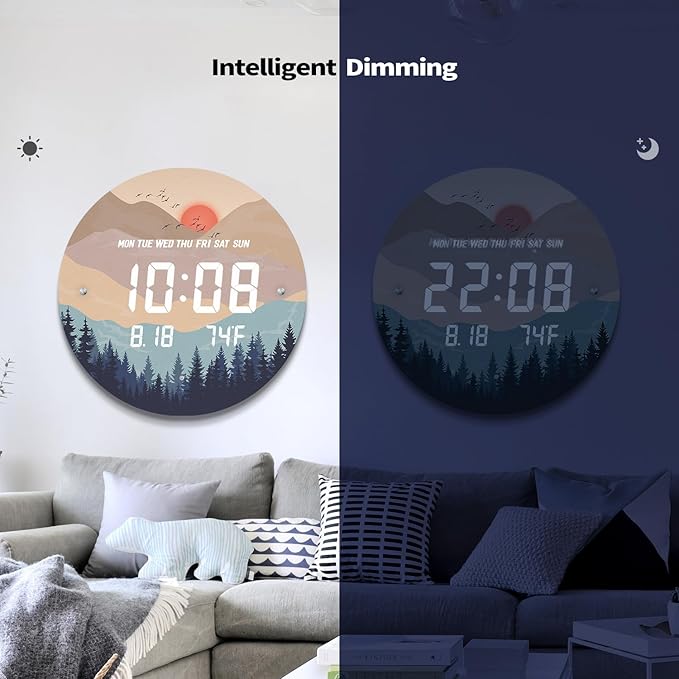 12'' Smart LED Wall Clock, Sunset Wilderness Art, Radar & Voice Activated, Auto Dimming, Large Display with Temp Date Day, 12/24H, Rechargeable for Living Room Bedroom Office Decor