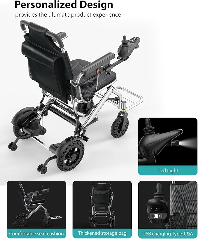 Goldseason 33 lb Lightweight Electric Wheelchairs for Adults - 15 Miles Range Foldable Motozied Wheelchair with LED Light, Support 330 lb, 360W All Terrain Power Wheelchair, Airline Approved
