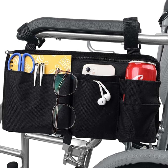 Wheelchair Side Bag with Cup Holder & Multiple Pockets, Adjustable Premium Nylon Storage Organizer Pouch for Wheelchairs, Walkers, Rollators, Mobility Scooters-Black
