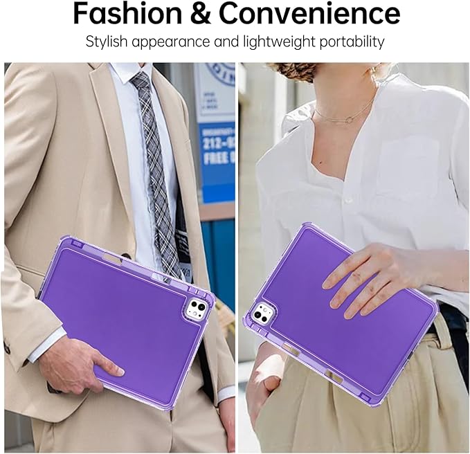 Dteck for iPad Pro/Air 13" (M5/M4/M3/M2), Pro 12.9" (6th/5th/4th/3rd Gen) Clear Case with Pencil Holder/Screen Protector Film/Stylus, 3 Layers Protective Lightweight Slim Transparent Cover, Purple