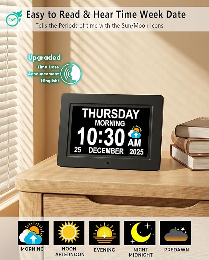 27 Alarms Digital Talking Clock with Loud Voice Time Date, Auto DST, 20 Custom Reminders, 10-Level Dimmer, Sleep Trainer, Speaking Day Date Calendar Clock for Seniors Dementia Alzheimers- with Remote