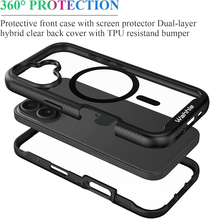 wahhle Compatible with iPhone 16 Case, Magnetic Built in Screen Protector Full Body Shockproof Slim Fit Bumper Protective Phone Cover 6.1'' Men Women-Black/Clear