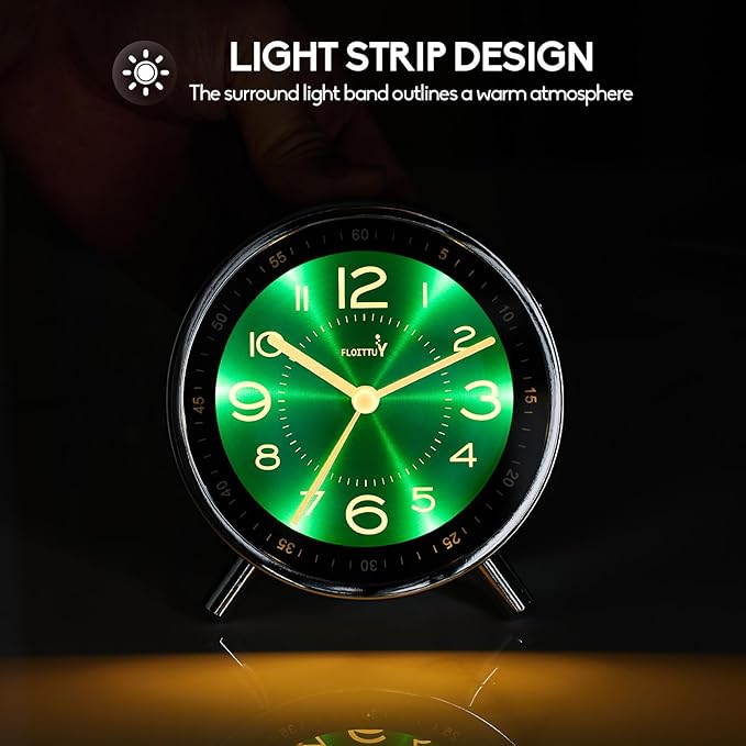 FLOITTUY Super Silent Metal Alarm Clock,Beep Wake Round Alarm Clock with Strip Night Light,Battery Operated,Easy Set,Simple & Retro for Desk, Bedroom and Home Decoration(Emerald Green)