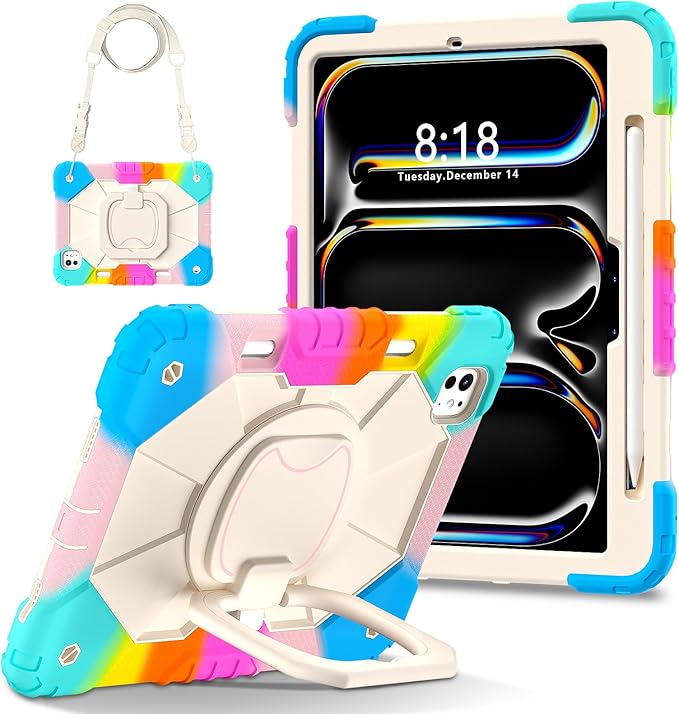 Dteck for iPad Pro 11 inch (M4/M5) 2024/2025 Release Shockproof Case with Shoulder Strap/Pencil Holder/Rotating Kickstand Handle, Heavy-Duty Sturdy Rugged Cover, Protective Tablet Shell, Colorful