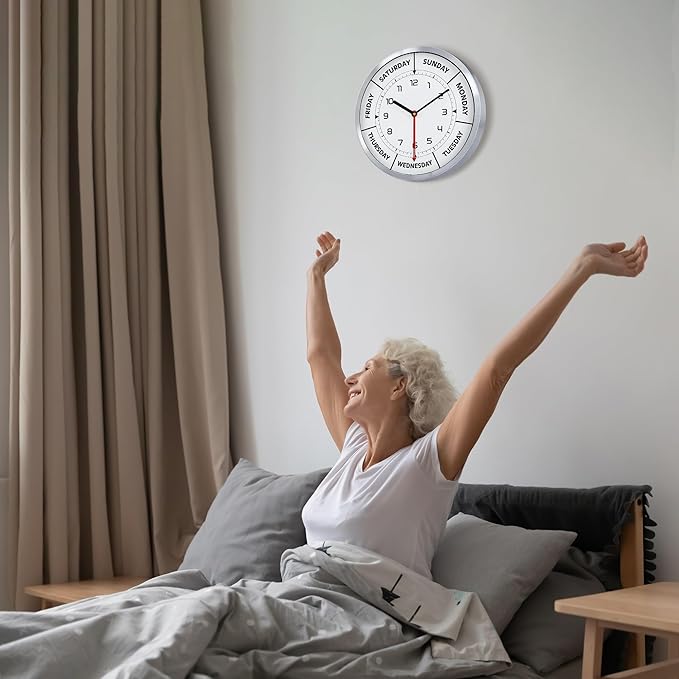 Lafocuse Silent Day of The Week Clocks for Mother, Retirement Clock for Seniors with Silver Metal Frame, Day Clock for Living Room Decor 12 Inch