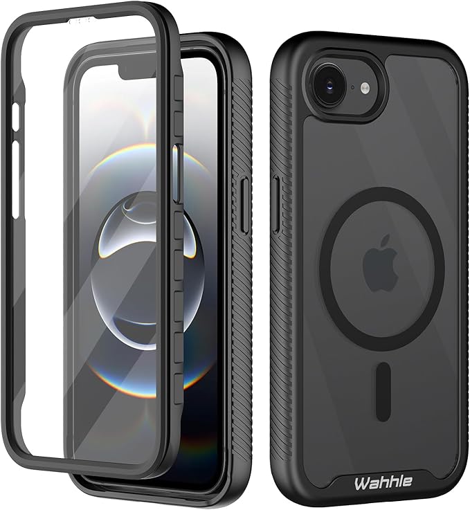 wahhle Compatible with iPhone 16e Case, Magnetic Built in Screen Protector Full Body Shockproof Slim Fit Bumper Protective Phone Cover Men Women 6.1“-Black/Clear