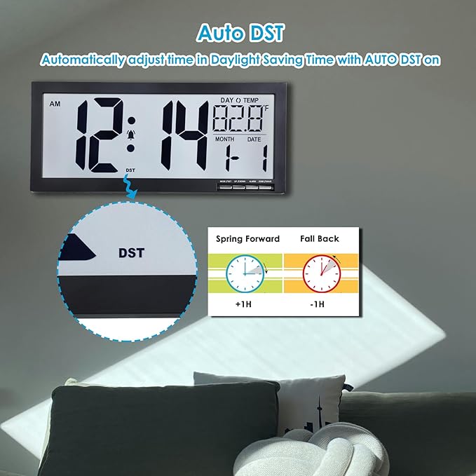 16 Inch Large Digital Wall Clock with Big Easy Read Numbers, Auto DST & Temperature, Jumbo Display with Date & Weekday, Simple Set, Battery Operated, for Living Room Office Classroom Gym or Seniors