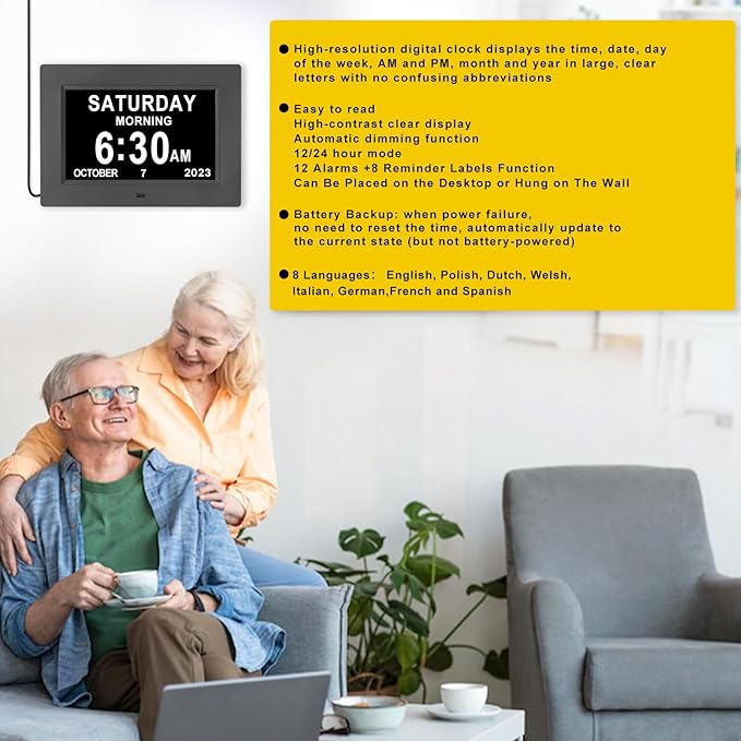 SSINI Dementia Clock for Seniors Digital Clock Large Display with Day & Date-12Alarms 3 Colors Display for Elderly with Memory Loss, Alzheimer's, Vision Impaired (7'' Black)