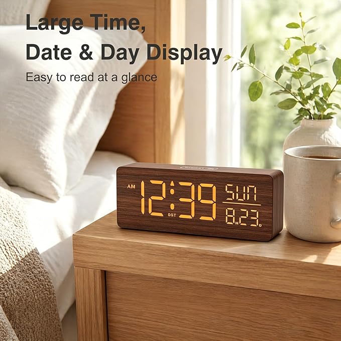 Peakeep Wooden Digital Alarm Clock Large Display, Textured Desk Table Decoration for Bedroom, Living Room, Plug in Clock with Time Date Day, 5 Brightness, Auto DST