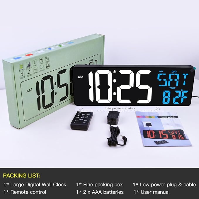 17 Inch Large Digital Wall Clock with Remote Control, Automatic Brightness Dimmer Digital Wall Clock Large Display with Day/Date/Temperature, Snooze, Count Up & Down Timer for Living Room, Office, Gym