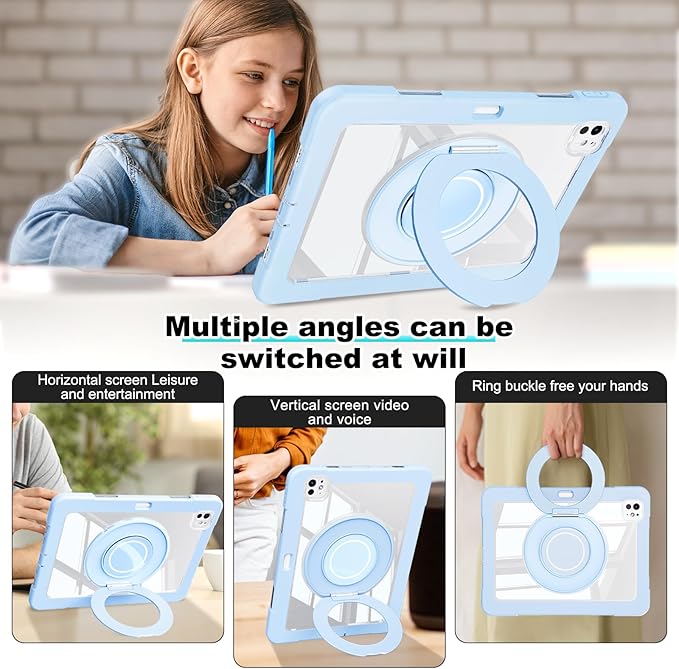 Dteck for iPad Pro 11 inch (M4/M5) 2024/2025 Release Shockproof Clear Case with Stylus Pencil Holder/Rotating Kickstand/Swivel Handle, Lightweight Protective Slim Transparent Tablet Cover Shell, Blue