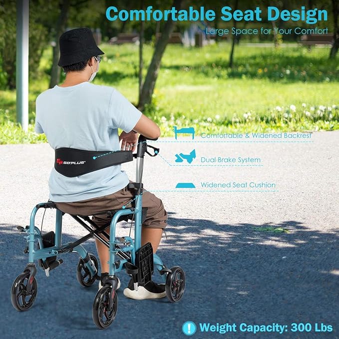 GOPLUS 2 in 1 Rollator Walkers for Seniors, Folding Rollator Walker with Seat, 8-inch Wheel Medical Drive Walker Wheelchair Combo with Backrest, Adjustable Handle for Adults, Aluminium Frame