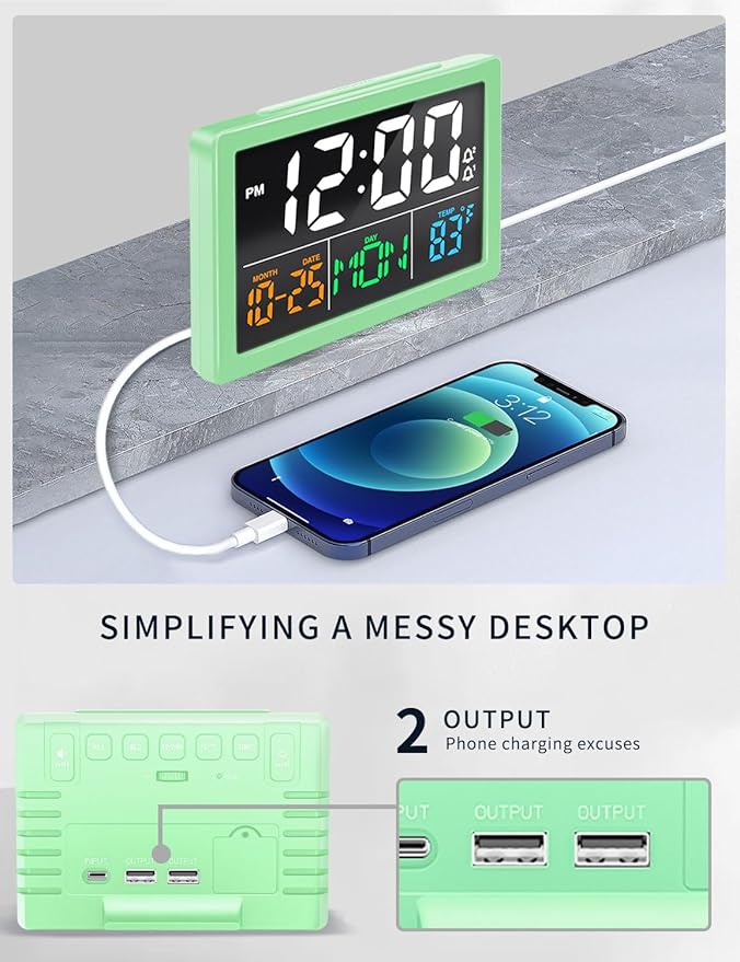 Digital Alarm Clock, with 5.5" Large LED Time Display, Adjustable Alarm Volume, 6 Level Brightness, Alarm Settings, USB Charger, Temperature Detect, Snooze, Clocks for Bedroom, Bedside, Desk, Green