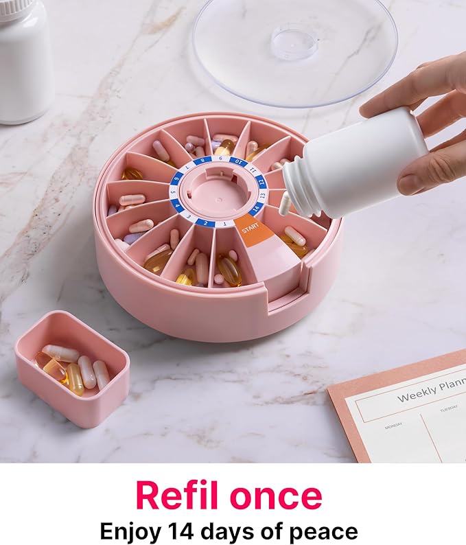 14-Day Rotating Pill Dispenser Wheel Push Button Wall-Mount or Desktop for Seniors