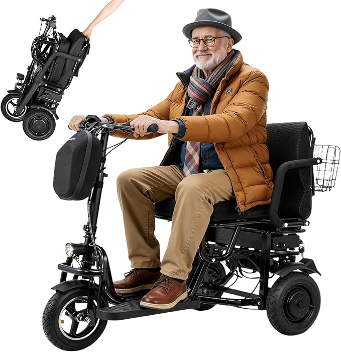 3 Wheel Mobility Scooter for Seniors Adults 300 lbs, 700W, 48V10AH Battery Travel Folding Scooters Lightweight Handicap Scooter Elderly Collapsible Electric Mobility Scooters Foldable