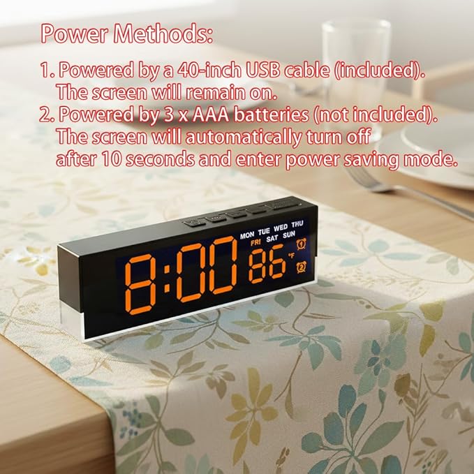 45MinST 7-Inch LED Digital Alarm Clock with Bottom Glow Light｜Displays Time, Date, Day, Temperature｜Dual Alarms, DST, Auto/Manual 3-Level Brightness, Battery or USB Powered Desk Clock,Orange