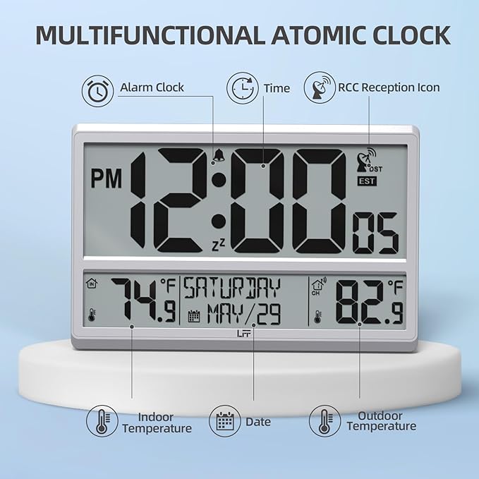 LFF Atomic Clock 4.5" Numbers, Atomic Wall Clock with Indoor & Outdoor Temperature，Never Needs Setting, Battery Operated, Date, Time, Wireless Outdoor Sensor, Jumbo Display Easy to Read