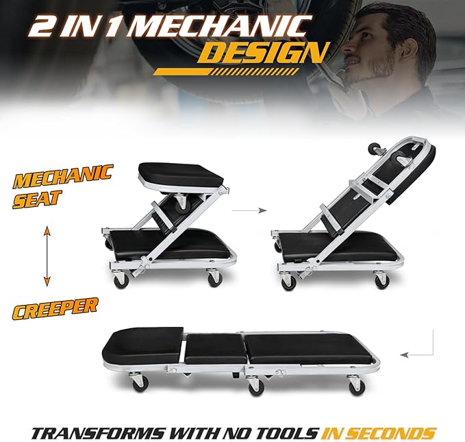 Magshion Garage Creeper Seats on Wheels, Length 40" 330 lbs Capacity 2 in 1 Folding Mechanic Creeper Garage Stool Lay Down or Sit (Gray)