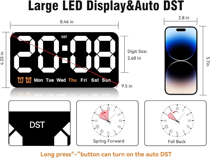 9.5 Inch Large Digital Wall Clock with LED Display, Auto DST, Dual Alarm with Snooze, Adjustable Brightness, Temperature & Date Display, Wall Mount or Desk Clock for Bedroom, Living Room, Office-White