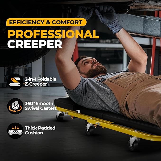 Auto Dynasty 40" Z-Creeper Seat, 2-in-1 Foldable Garage Creeper Shop Seat, 330 LBS Capacity Automotive Mechanic Repair Under Car Rolling Creeper Seat, Yellow