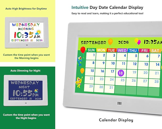 MASSII Digital Teaching Clock Talking Time, 24 Alarms Custom Reminders, Checklist to-Do List, Auto DST & Calendar Display, Sleep Trainer, Easy to Use for Kids Birthday Gift- White with Remote