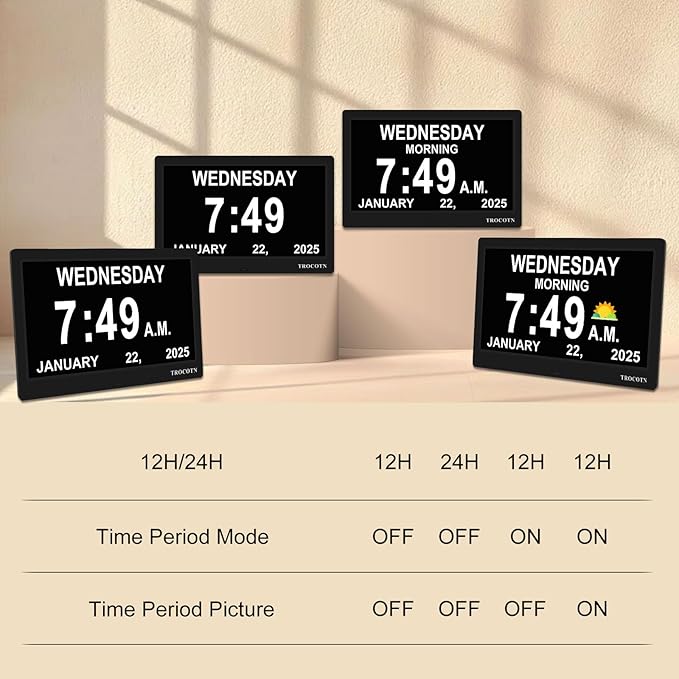 TROCOTN Dementia Clocks, Large Display Calendar Alarm Clock with Auto DST for Seniors, 5 Display Modes Large Font Digital Clock with Custom Alarms Day Date Clocks. (10 Inch Black)