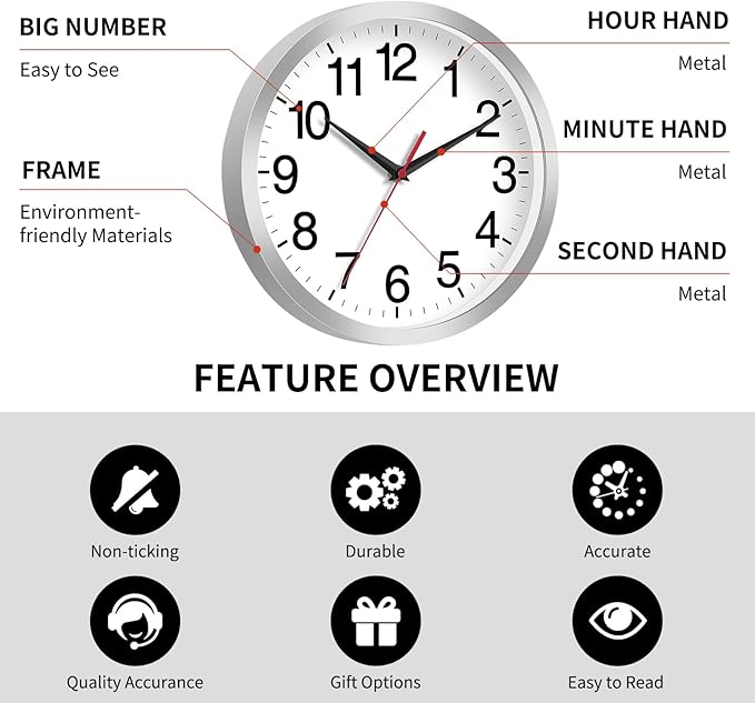Rohioue Wall Clock Modern 8 Inch Battery Operated Silent Non Ticking Small Analog Clock Decorative for Living Room Office Home Bedroom Kitchen Bathroom(Silver)