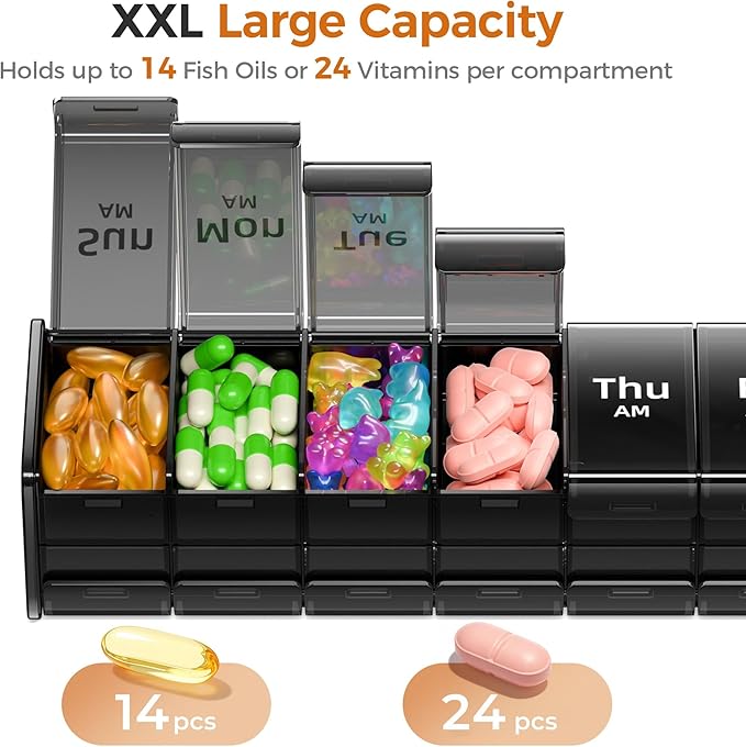 Betife Extra Large Pill Organizer 2 Times a Day, XXL Pill Box 7 Day with AM PM Large Compartments, Daily Medicine Case, Jumbo Weekly Pill Holder for Fish Oils, Vitamins & Supplements（Black）