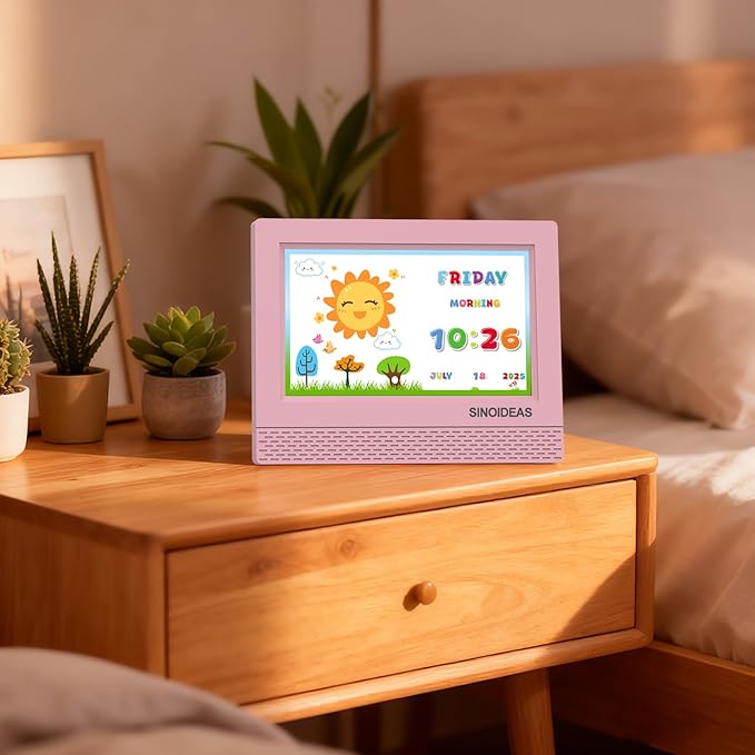 SINOIDEAS 7-Inch Kids' Digital Alarm Clock,Children's Sleep Trainer with Remote Control & Custom Reminder Function (Pink)
