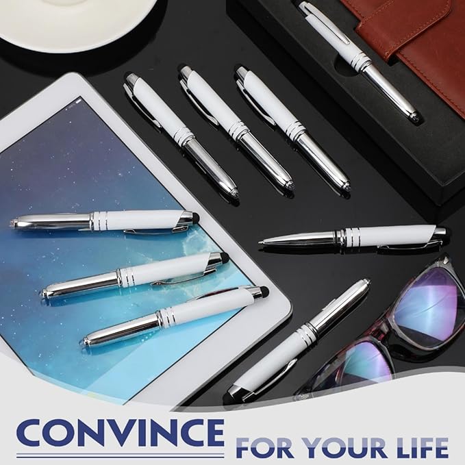 Zonon 15 Pieces 3 in 1 Ballpoint Pen with LED Flashlight and Stylus Tip Multi-Function Capacitive Pen, 1.0 mm Black Ink Metal Ballpoint for Touch Screens Nurse Teacher Gifts(White)