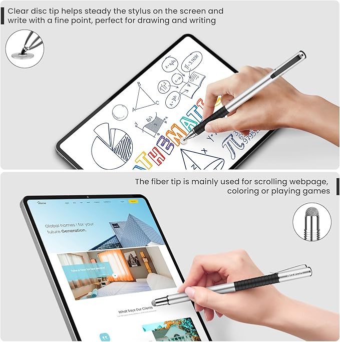 Mixoo Universal Stylus Pen for Touchscreen iPhone iPad Android Tablet Apple Kindle Switch Chromebook Galaxy All Touch Screens, Disc & Fiber Tip 2 in 1 Stylus Pens for Touch Screens (6 Pack Grey)