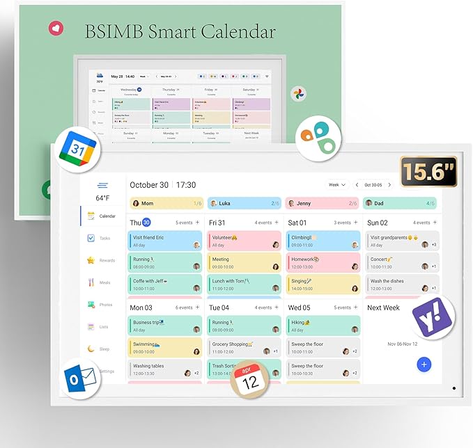 BSIMB 15.6 Inch Digital Calendar - Chore Chart, Meal Planner, Rewards System, Photo Display, Smart Electronic Calendar Touchscreen Interactive for Family Schedules, Seamless Scheduling White