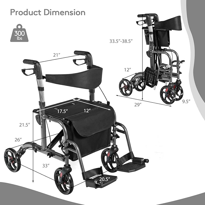 GOPLUS 2 in 1 Rollator Walkers for Seniors, Folding Rollator Walker with Seat, 8-inch Wheel Medical Drive Walker Wheelchair Combo with Backrest, Adjustable Handle for Adults, Aluminium Frame