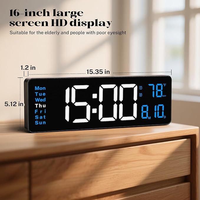 Digital Wall Clocks for Classroom, 16" Large Display Digital Clock with Remote Control, Date, Week, Alarm, Temperature, Night Light for Living Room, Bedroom, Gym, Office(Blue)