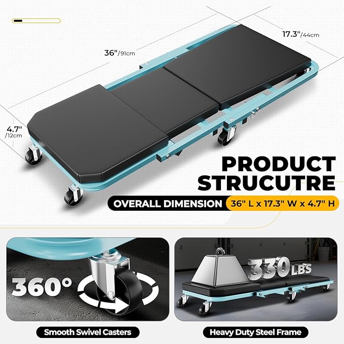 Auto Dynasty 36" Z-Creeper Seat, 2-in-1 Foldable Garage Creeper Shop Seat, 330 LBS Capacity Automotive Mechanic Repair Under Car Rolling Creeper Seat, Sky Blue