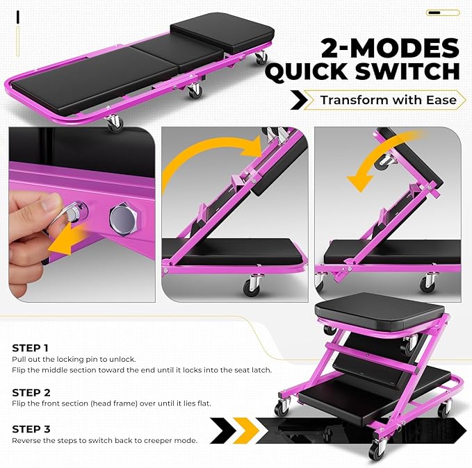 Auto Dynasty 40" Z-Creeper Seat, 2-in-1 Foldable Garage Creeper Shop Seat, 330 LBS Capacity Automotive Mechanic Repair Under Car Rolling Creeper Seat, Purple