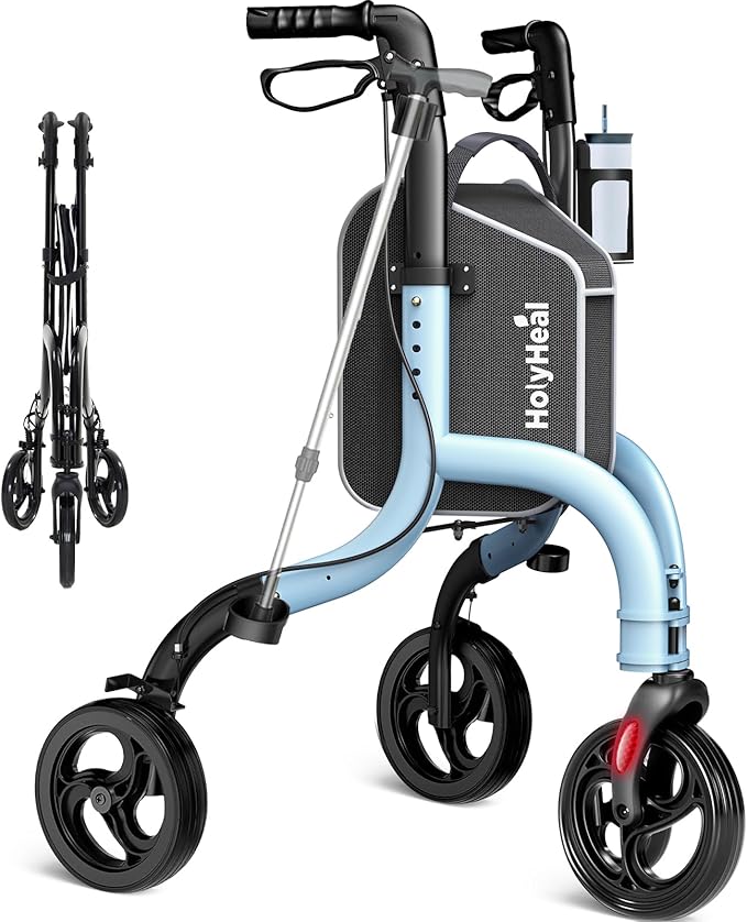 3 Wheel Walkers for Seniors, Lightweight Rollator Walkers Foldable for Elderly with Cane Hold and Cup Hold, Height Adjustable Aluminum Three Wheel Rolling Walker Mobility Aid, Blue