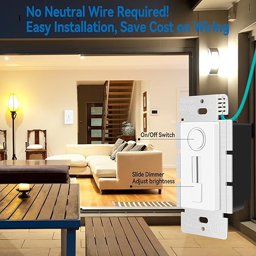 1 Pack Single Pole LED Dimmer Switch - No Neutral Wire Required, Slide Light Dimmer Switch for 150W Max LED/CFL, 600W Max Incandescent/Halogen, ETL Listed, White